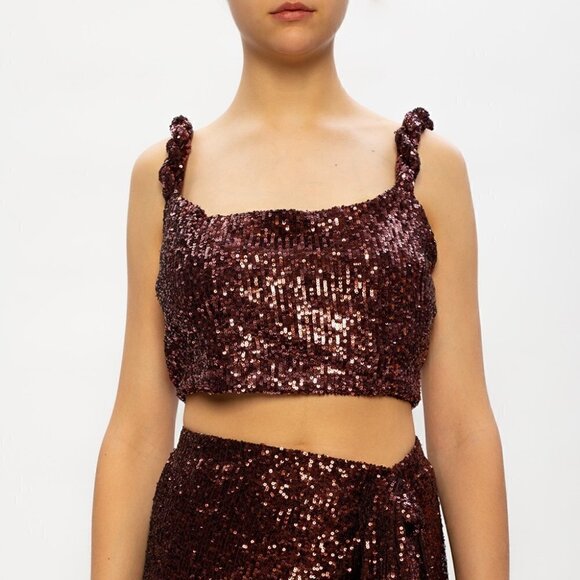 New Balmain Sequin Square Neckline Twisted Strap Brown Cropped Tank Top 12 US - Picture 8 of 17